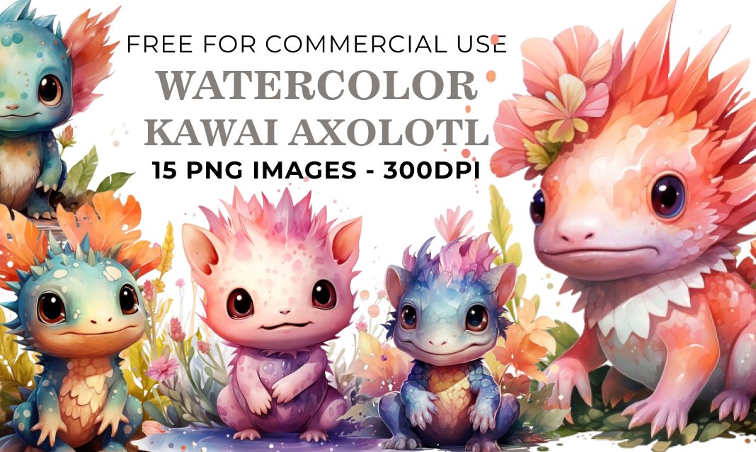 15 Watercolor Kawaii Axolotl PNG Clipart - Free Download, Cute Animal Art