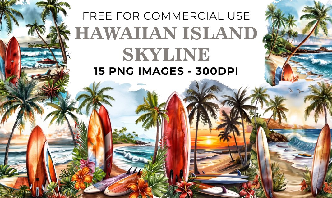 15 Hawaiian Island Skyline PNG Illustrations - Free Download, Tropical Landscape Art