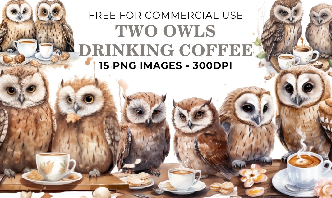 15 Two Owls Drinking Coffee Watercolor PNG Illustrations - Free Download, Cute Art