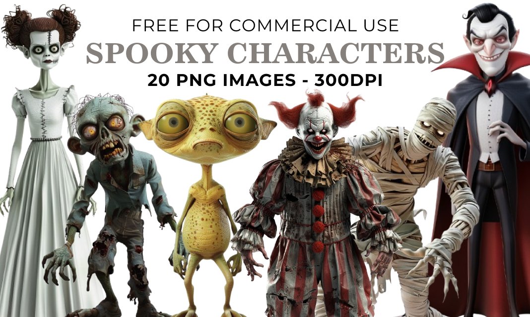 20 Spooky Characters PNG Illustrations - Free Download, Haunted Halloween Art Collection